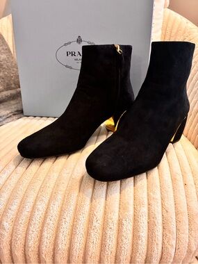 Prada Black Suede Ankle Boots with Gold Accent Heel